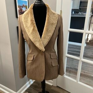 Anne Klein Brown Blazer with removable Faux Fur Collar size 4 EUC